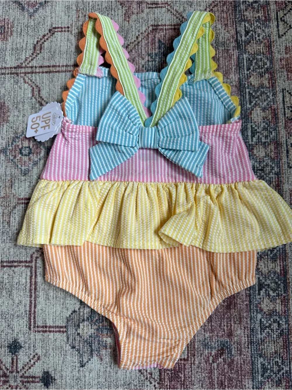 Mud Pie seersucker stripe ruffle one piece swimsuit with bow - 3T
